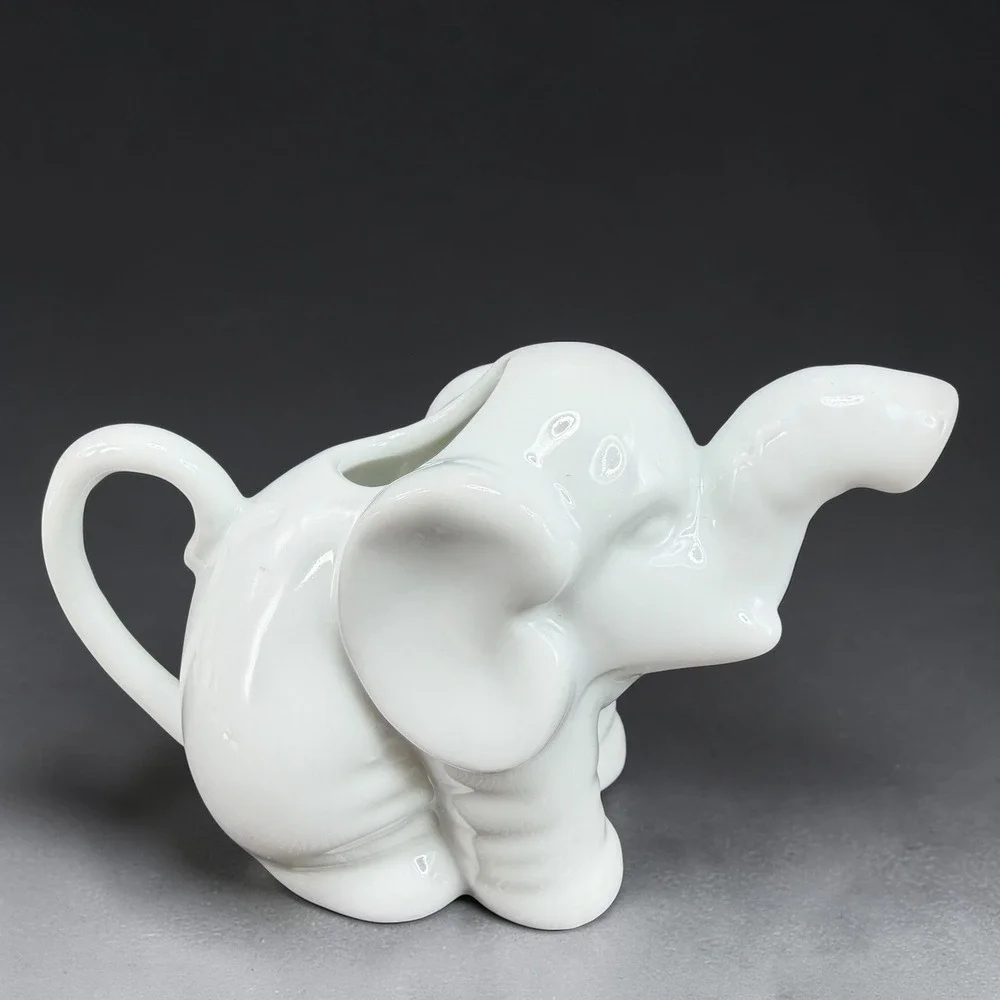 White Porcelain Elephant Creamer Pitcher Glossy Ceramic Animal Coffee Tea Server